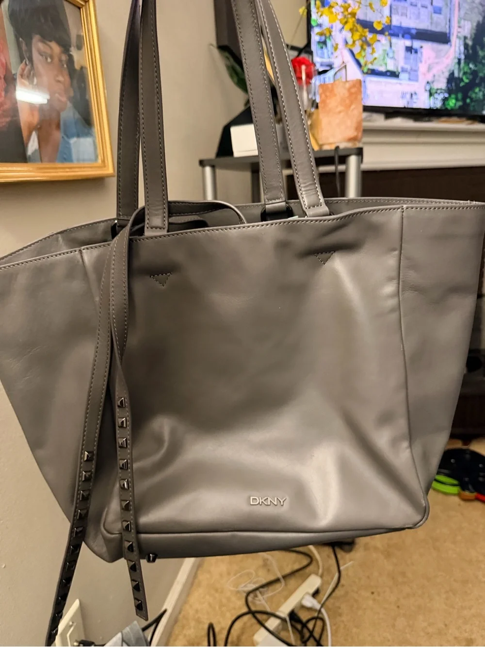 DKNY Gray Leather Tote with Studded Strap Accent